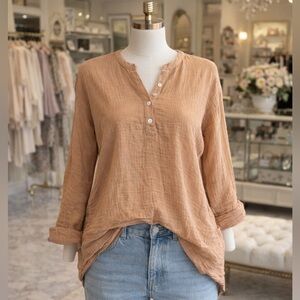 Women's Relaxed Button Henley Top - Tan